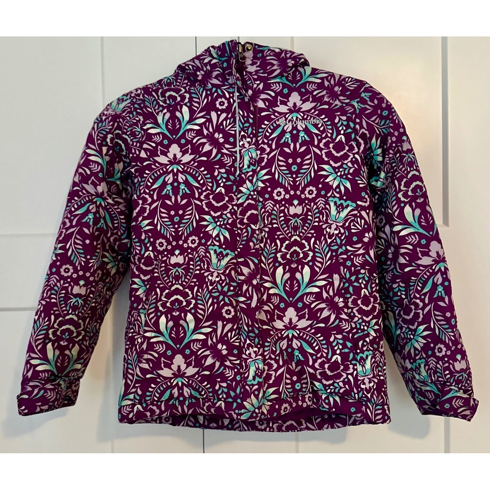 Columbia Girls Purple Floral Puffer Jacket Hooded Winter Coat Size S 7/8